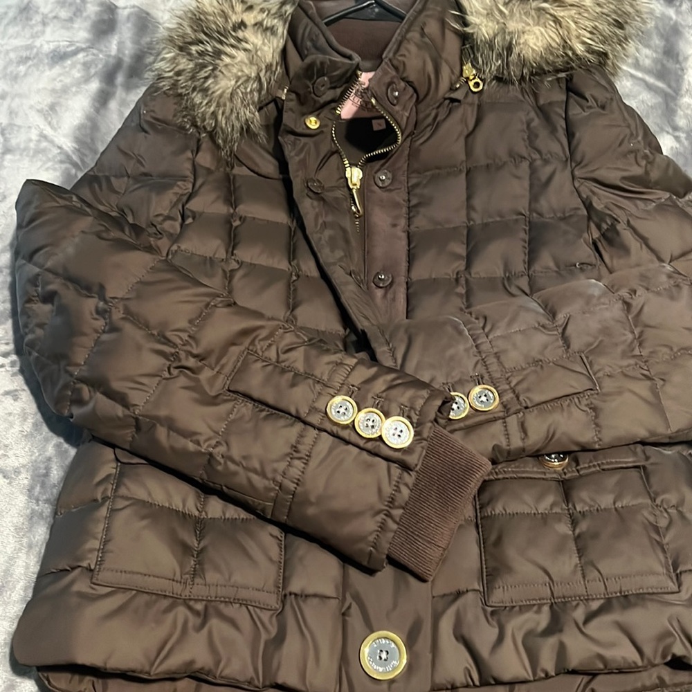Juicy couture small puffer jacket down insulate mint condition dark brown fur